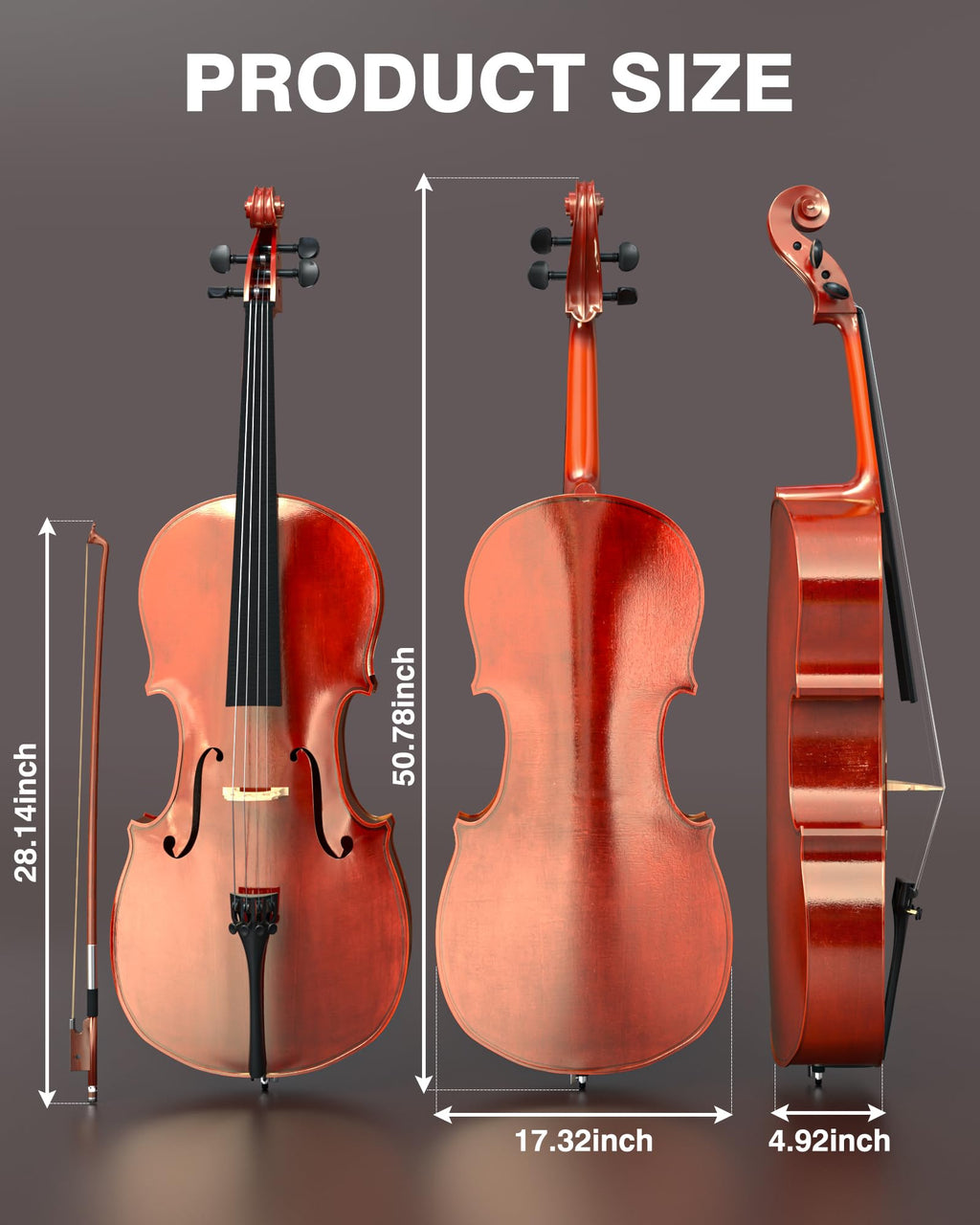 PYY Cello 4/4 Full Size - Solid Wood Acoustic Cello Package with Stand, Case, Bow, Rosin, Tuner & Extra Strings, Perfect for Students & Adult Beginners（Red）