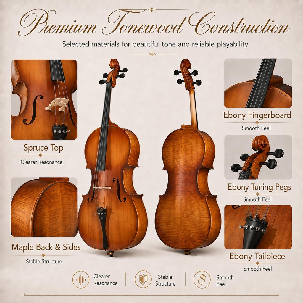 Cello 4/4 Full Size, Beginner Cello Instrument for Adults, Acoustic Cello Set with Padded Bag, Extra Strings, Bridge, Bow & Rosin – for Lessons, Home Practice & School Orchestra, Matte Natural