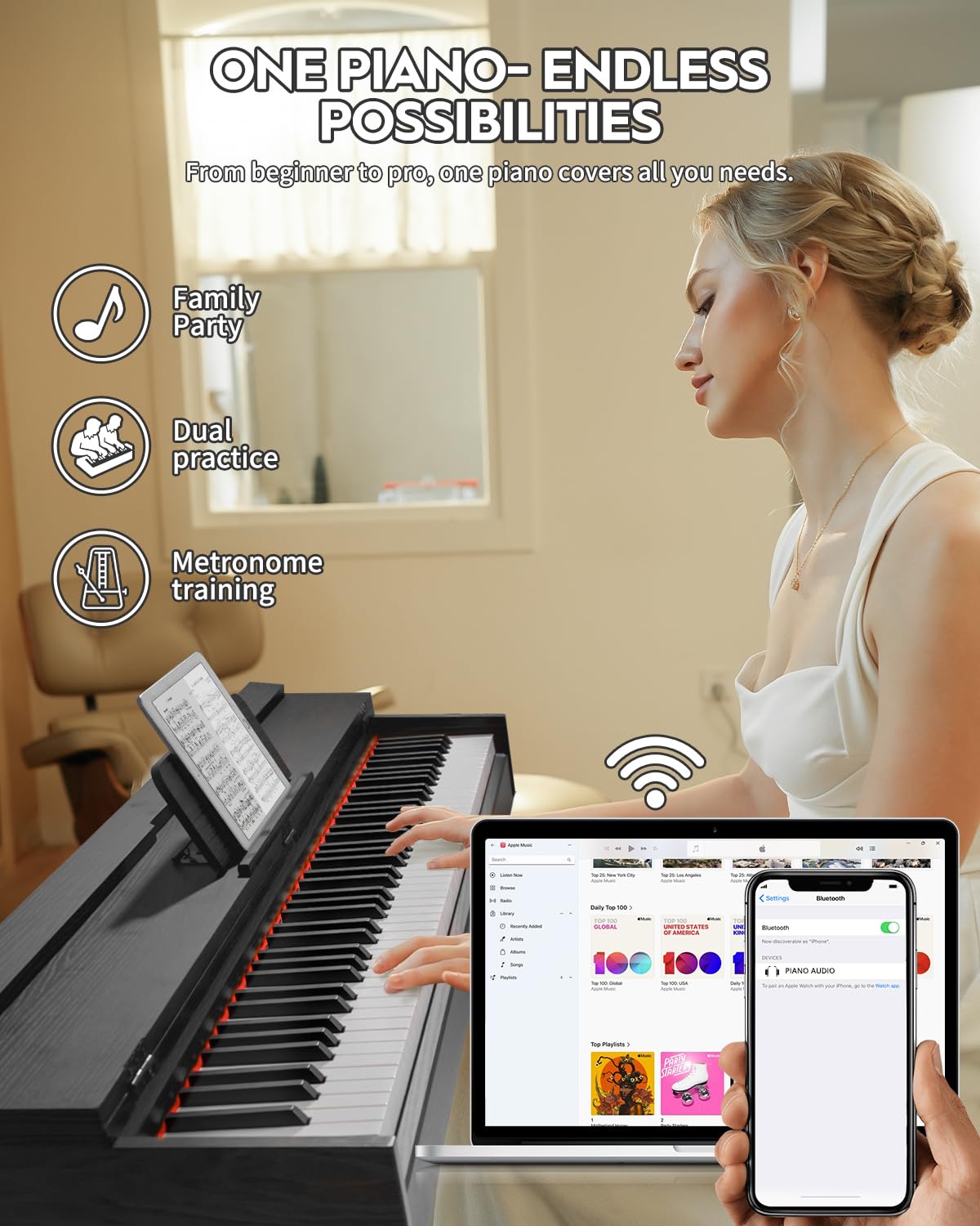 STRICH Digital Piano 88 Keys, Hammer-Action Weighted Keyboard, Full size Electric Piano Keyboard with Furniture Stand, 25Wx2 Speakers, Supports USB-MIDI/Wireless Connect, SDP-300W (Color Walnut Wood)