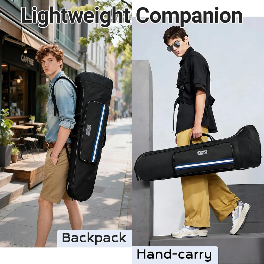Case for Bb/F Tenor Trombone with F Attachment, Gig Bag Backpack | Lightweight trombone case with 600D nylon exterior, EPS foam protection, velvet interior, built-in straps, storage pocket.