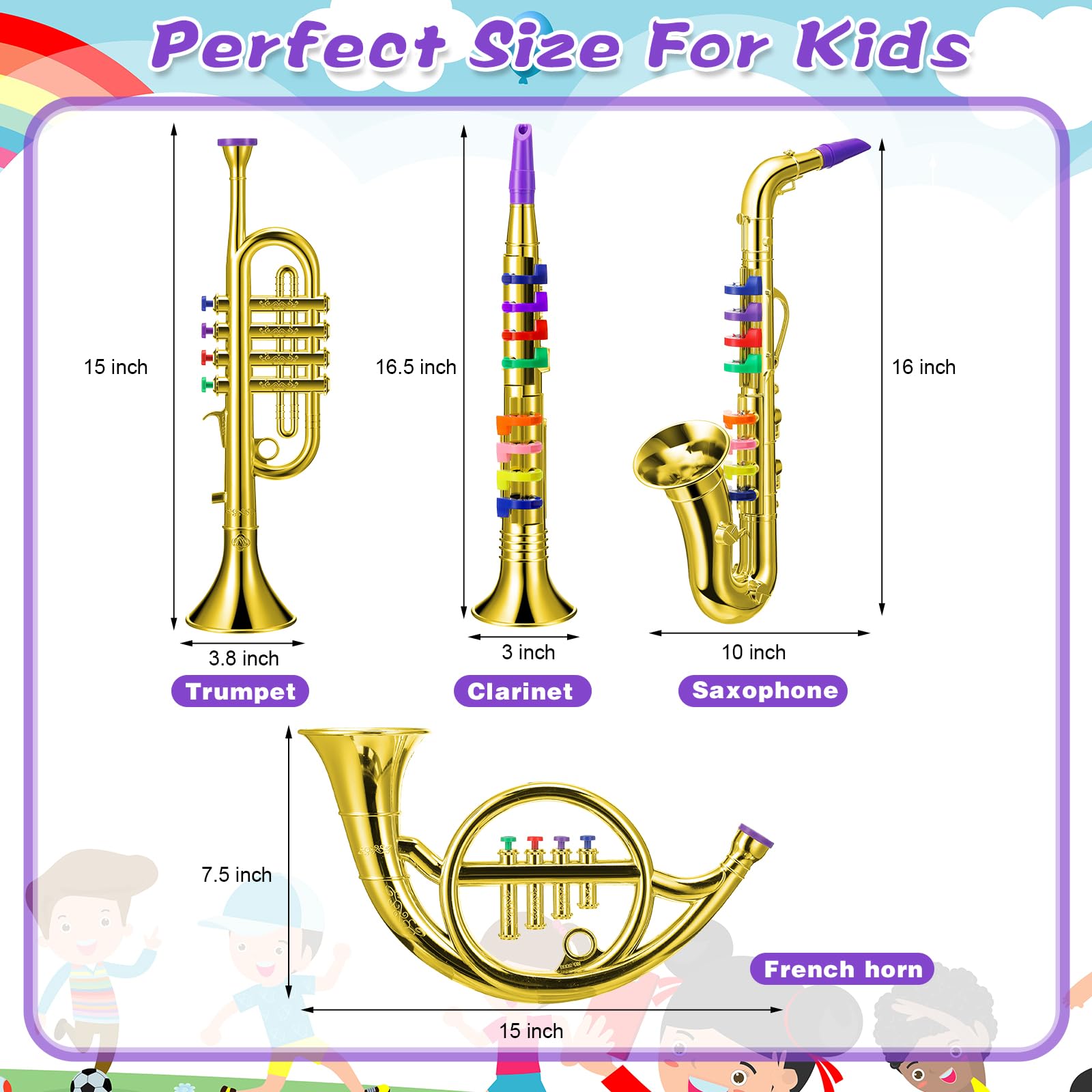 Treela Set of 4 Musical Instruments for Kids, Toy Clarinet Saxophone Trumpet and Horn Set for Beginners with Over 10 Color Coded Keys, Christmas Educational Musical Gifts for Children Toddlers(Gold)