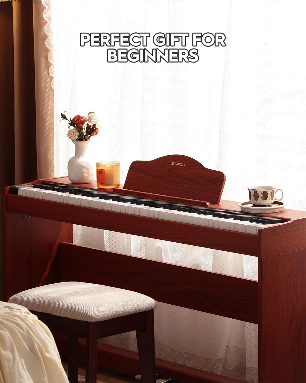 STRICH Digital Piano 88 Keys, Hammer-Action Weighted Keyboard, Full size Electric Piano Keyboard with Furniture Stand, 25Wx2 Speakers, Supports USB-MIDI/Wireless Connect, SDP-300W (Color Walnut Wood)