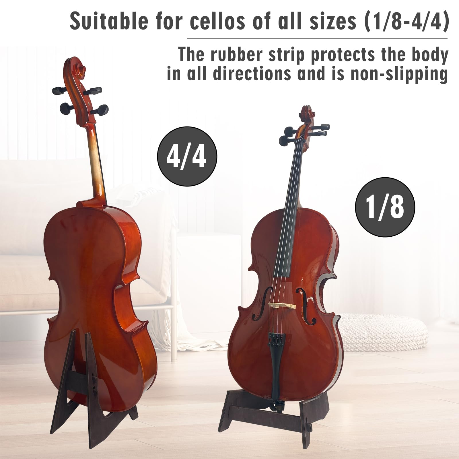 Wooden Cello Stand with Bow Holder for 1/8 - 4/4 Cellos | Detachable & Portable Full-Size Cello Stand | Universal Instrument Stand for Guitars/Bass