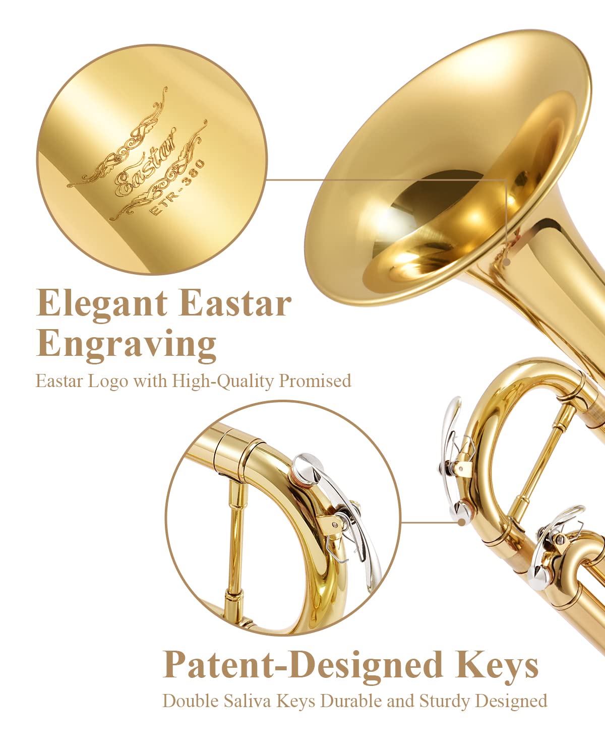 Eastar Bb Standard Trumpet Set for Beginner, Brass Student Trumpet Instrument with Hard Case, Cleaning Kit, 7C Mouthpiece and Gloves, ETR-380N, Silver