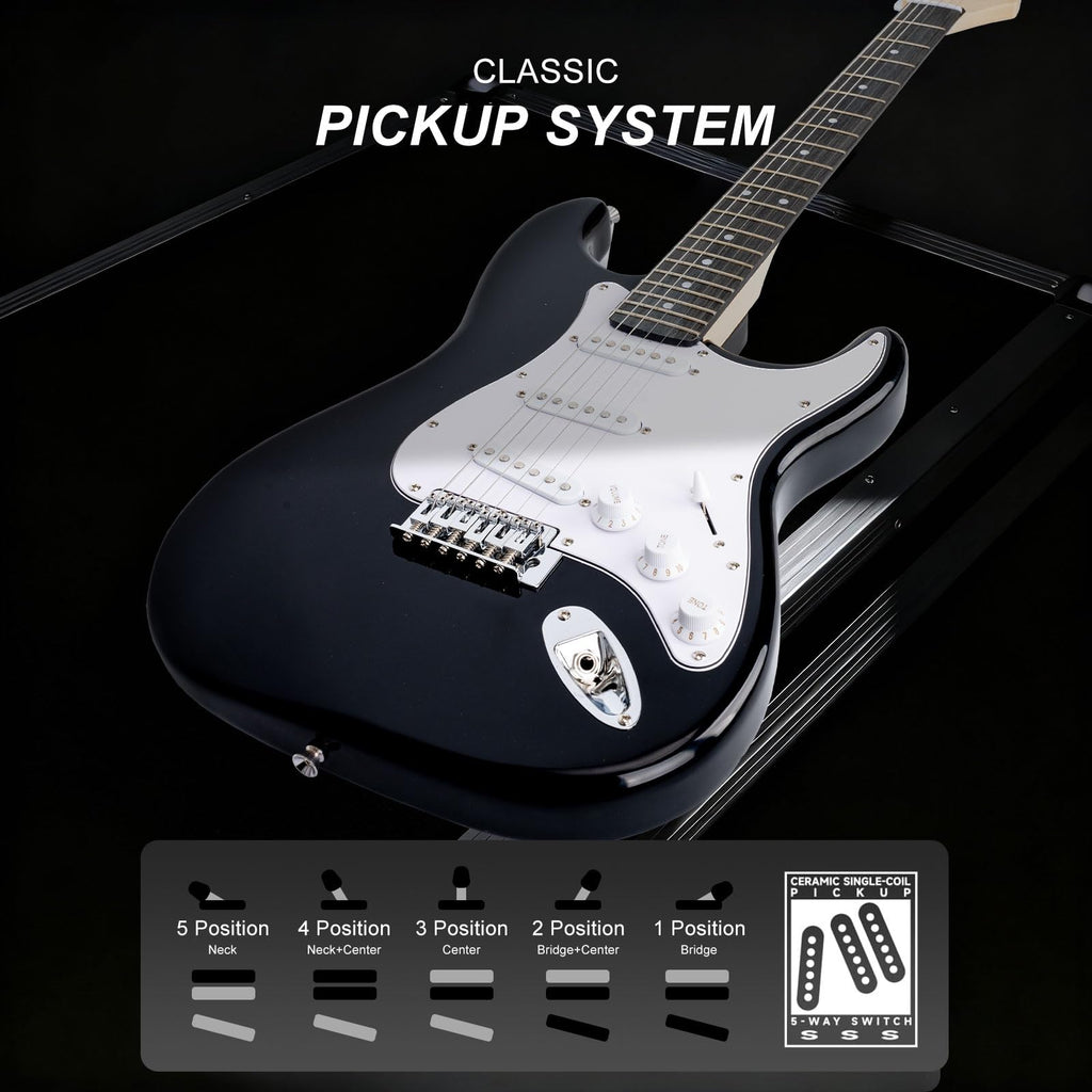 39 Inches Full Size Electric Guitar Beginner Electric Guitar Kits with 10W Amp Classic SSS Pickup Complete with Gig Bag Tuner Capo Strap Picks Guitar String Winders Black