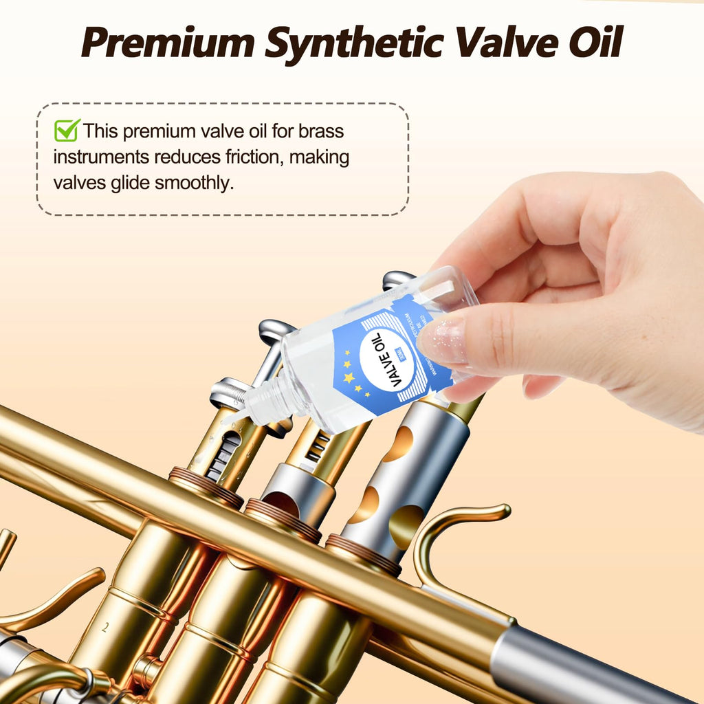 Trumpet Cleaning Kit - 3 Trumpet Lubricating Valve Oil, 2 Slide Grease,Valve, Mouthpiece, Flexible Bore Brush and Cleaning Cloth, Brass Instrument Cleaning and Care Set for Trumpet Maintenance