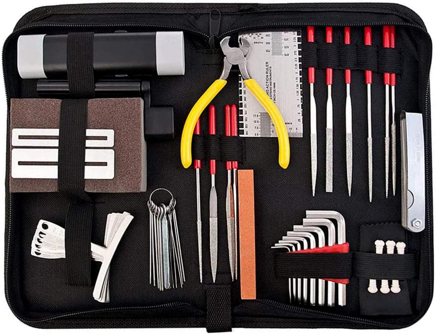 Guitar Tool Kit, 57 PCS Metal and Plastic String Instrument Maintenance Set with String Action Ruler, Radius Gauges and Carry Bag for Guitar Ukulele Bass Banjo Players