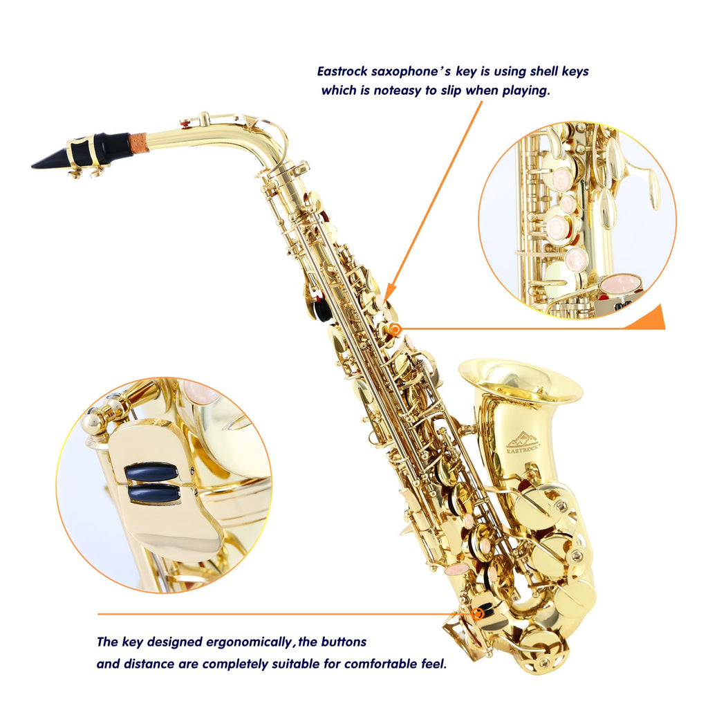 EASTROCK Black/Golden Alto Saxophone E Flat Sax Full Kit for Students Beginner with Carrying Case,Mouthpiece,Mouthpiece Cushion Pads,Cleaning Cloth&Cleaning Rod,White Gloves,Neck Strap