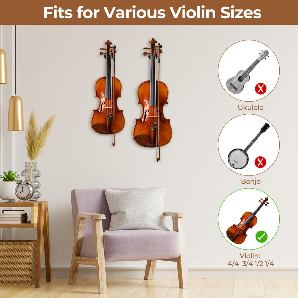Ohuhu Violin Wall Mount Hanger, Hardwood Violin Viola Hanger with Bow Holder and Soft Padding for Home Studio Decor