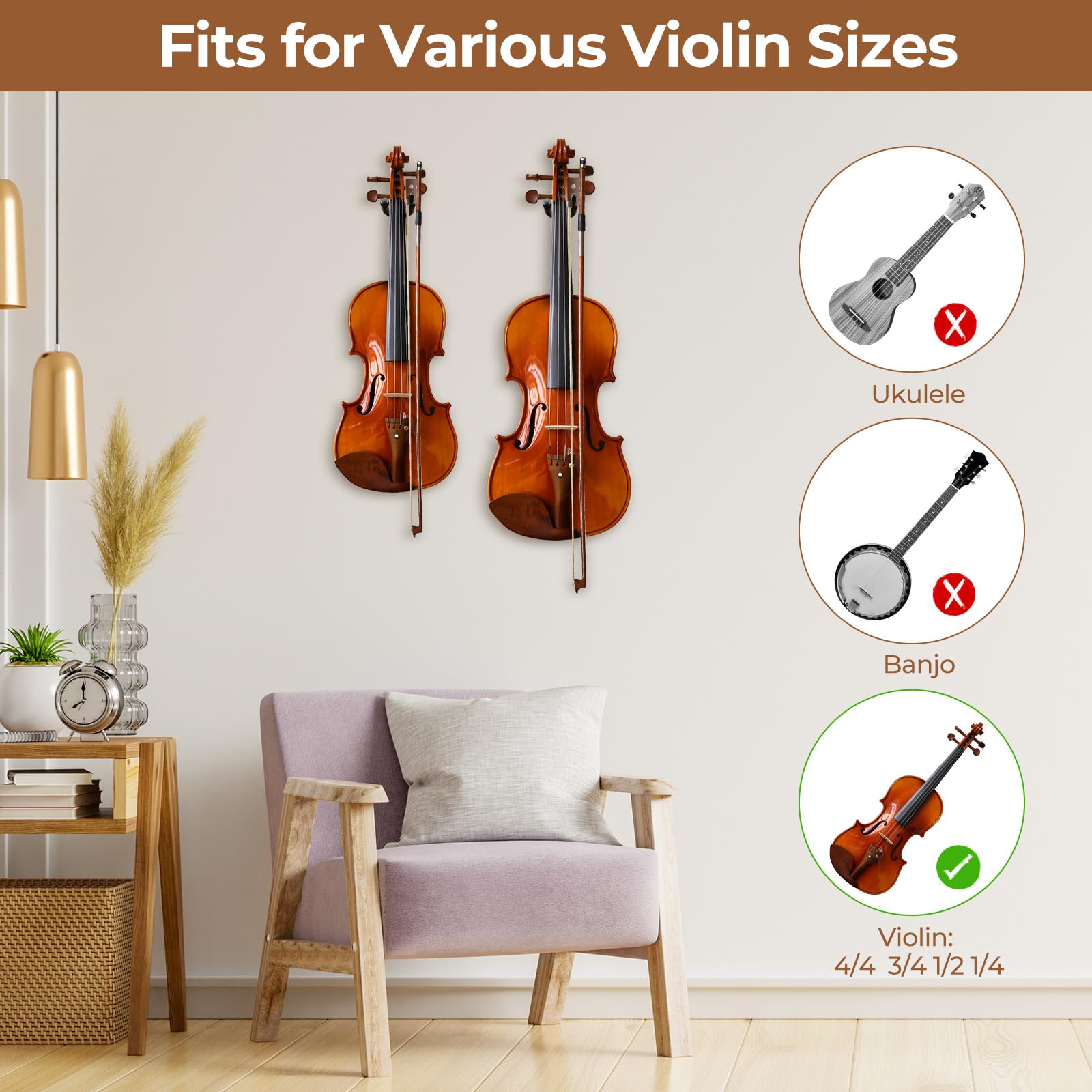 Ohuhu Violin Wall Mount Hanger, Hardwood Violin Viola Hanger with Bow Holder and Soft Padding for Home Studio Decor