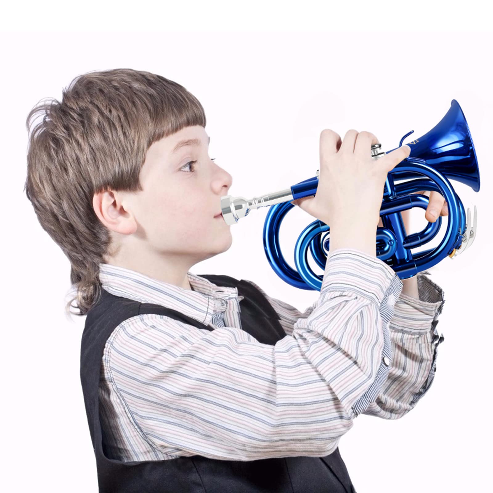 EastRock Pocket Trumpet Brass Bb Nickel Plated Trumpet with 7 C Mouthpiece, Hard Case, Strap, White Gloves, Cleaning Kit for Students and Beginners