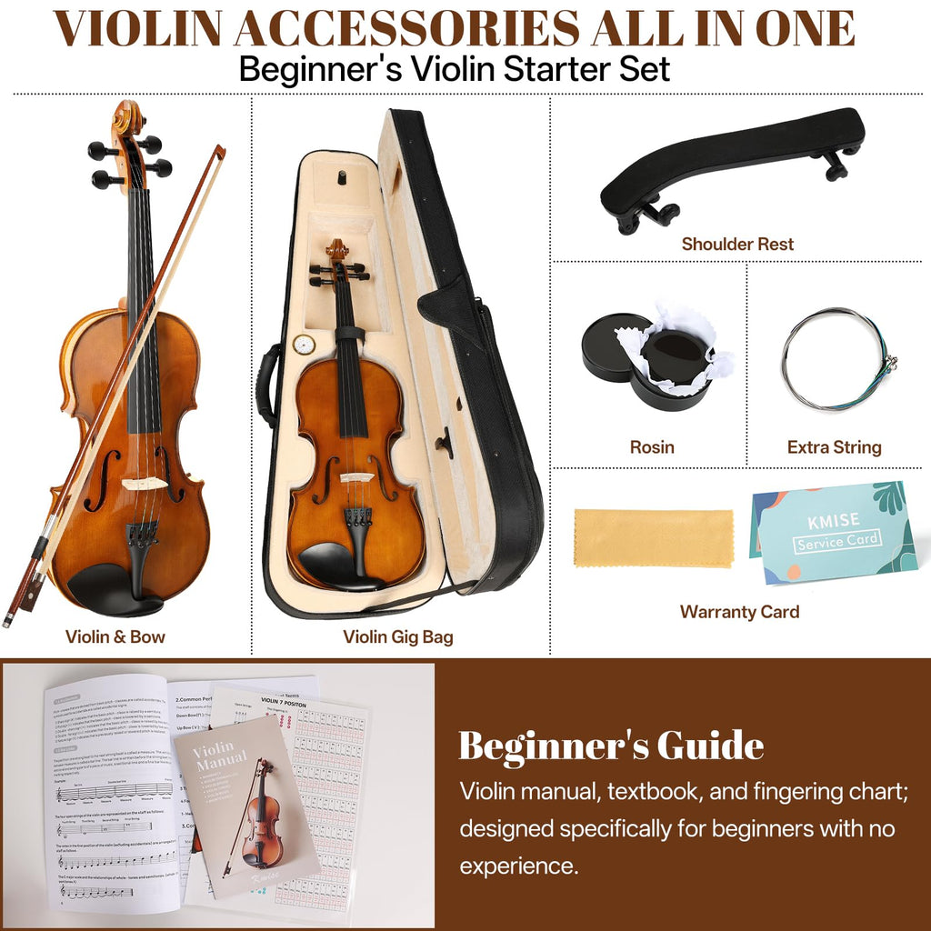 Kmise Violin 4/4 Full Set, Fingerboard Fret Markings Violins, Matte Acoustic Fiddle for Adults, Beginners, Students with Violin Case, Rosin, Strings, Bow, Shoulder Rest, Beginner's Guide (Matte, 4/4)