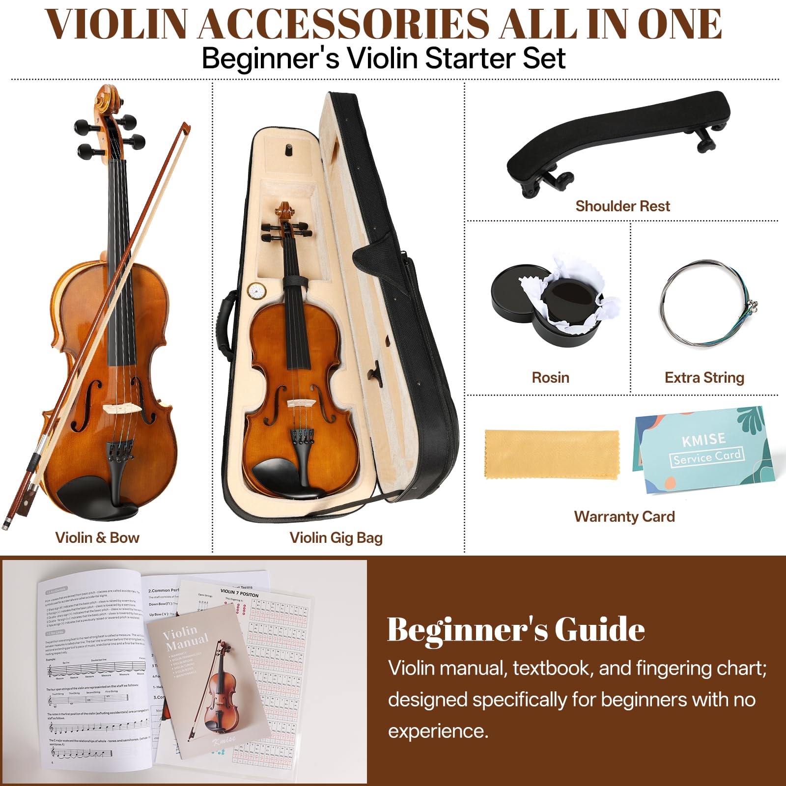 Kmise Violin 4/4 Full Set, Fingerboard Fret Markings Violins, Matte Acoustic Fiddle for Adults, Beginners, Students with Violin Case, Rosin, Strings, Bow, Shoulder Rest, Beginner's Guide (Matte, 4/4)