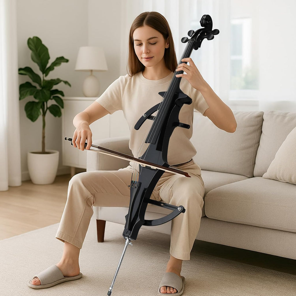 Electric Cello 4/4 Full Size Silent Cello with Portable Bag, Stereo Headphones, Bow & Rosin, Professional Bow and Bridge for Adult Beginner