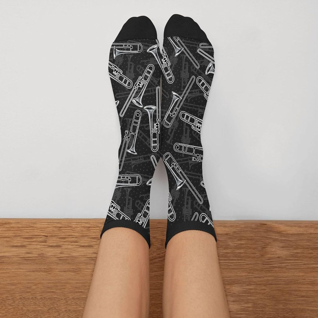 YISHOW Black White Trombones Vintage Unisex Novelty Crew Socks Casual Funny Crazy Dress Socks Gift