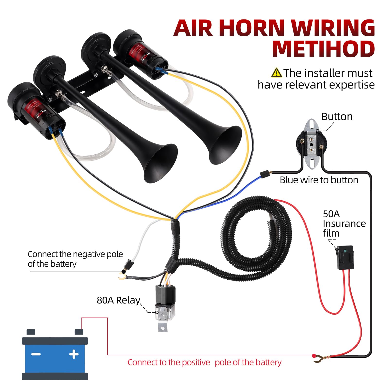 Dual 2-Trumpet Metal Air Horn for truck Kit with 2 air Compressors,12V 150dB Ultra Loud impact train car horn moto horn is suitable for pickup/SUV/Boat (Two-tube integrated)