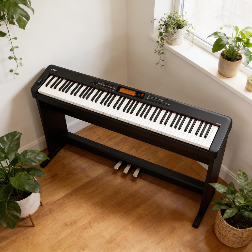 Casio CDP-S360 88-Key Compact Digital Piano - Black Bundle with CS-470P Stand, 3-Pedal System, Furniture Bench, Instructional Book, Online Lessons, Instructional DVD, and Austin Bazaar Polishing Cloth