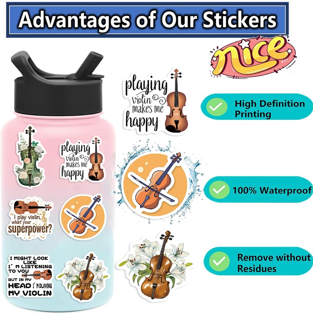 50Pcs Violin Stickers Musical Instrument Waterproof Vinyl Decals | Peel and Stick waterproof sun-proof removable Reusable for Water Bottles Laptop Mobile Phone Skateboard Guitar Decoration