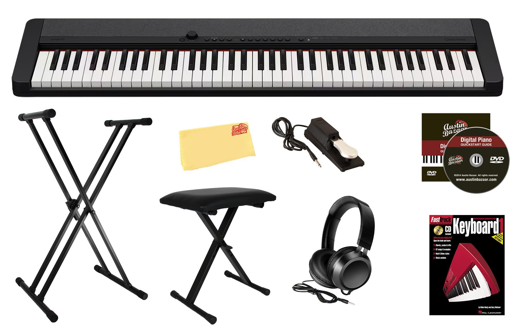Casio CT-S1 Casiotone 61-Key Portable Keyboard - Black Bundle with Adjustable Stand, Bench, Headphones, Sustain Pedal, Instructional Book, Instructional DVD, and Austin Bazaar Polishing Cloth