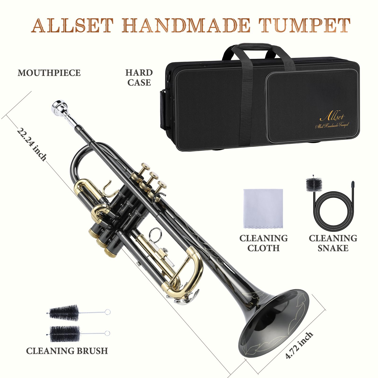 ALLSET Bb Standard Trumpet for Beginners | Student Band, Orchestra, Pro Level Performance | Professional Brass Trumpet Kit with Hard Case, 7C Mouthpiece& Cleaning Kit | Gold