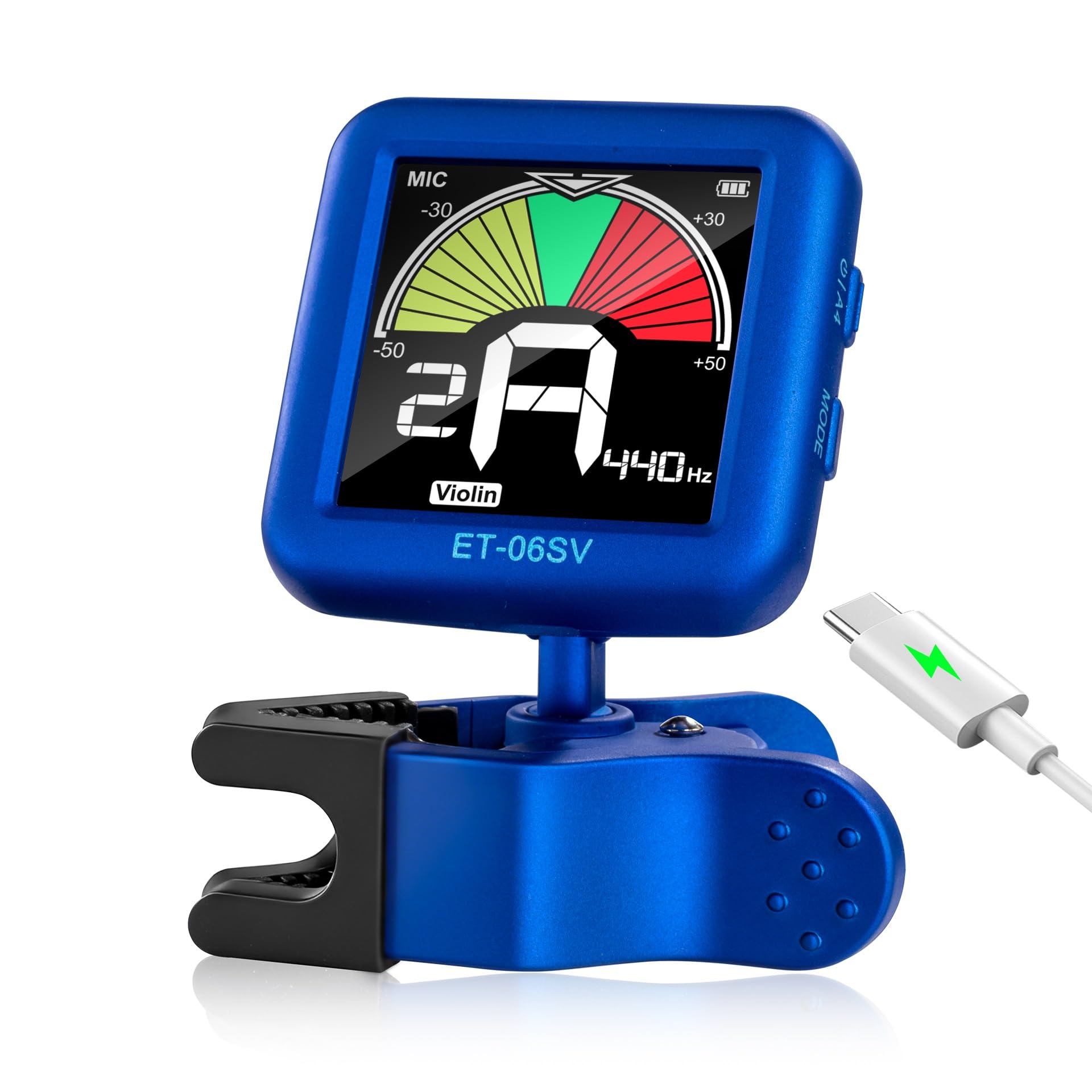 ENO MUSIC Rechargeable Type-C Quick Charge Easy Control Big LCD Display Easy Reading Clip-on Tuner for 4/4 Violin Viola Bass, Red