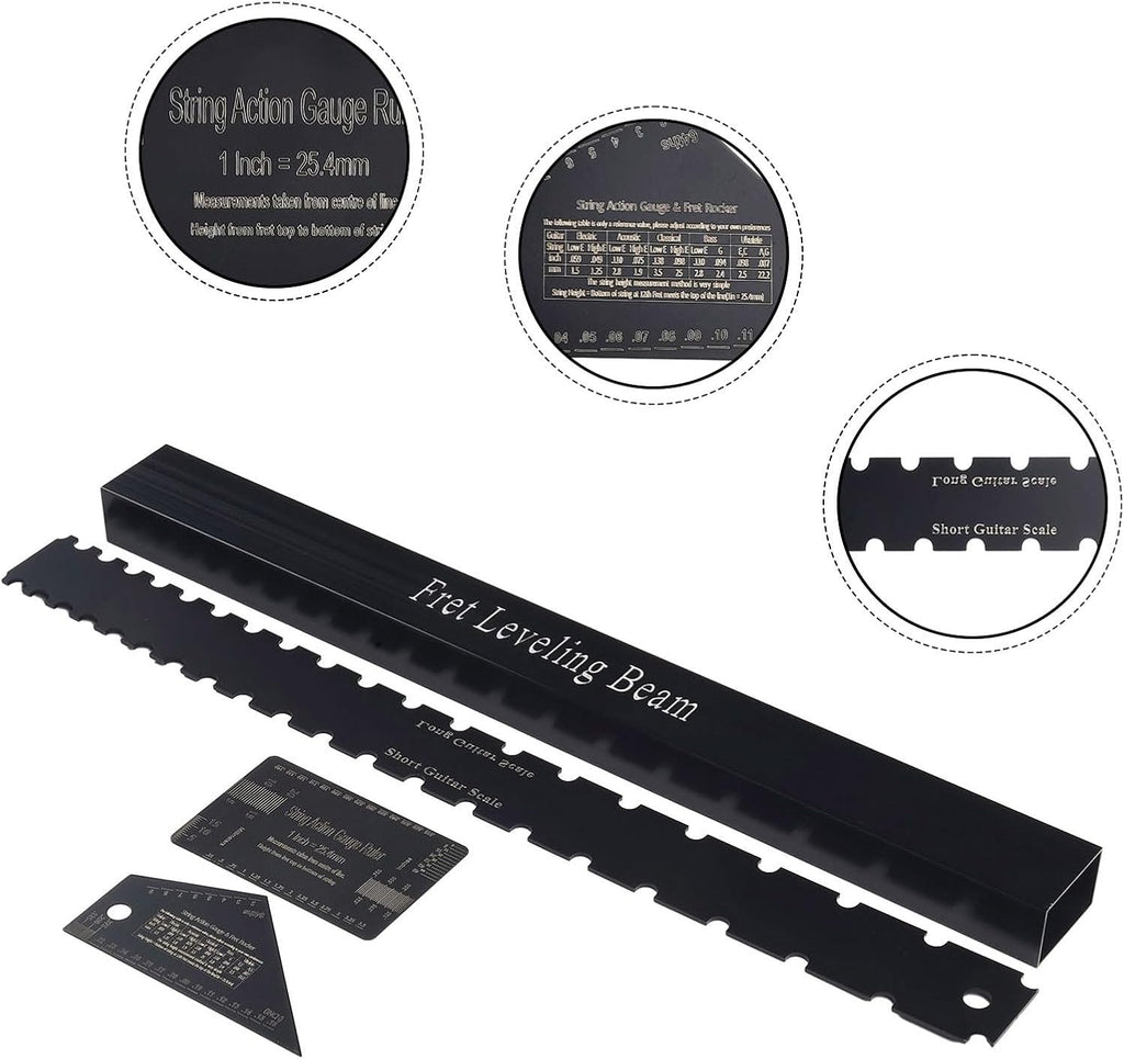 Guitar Luthier Tools Set 4 Pieces Stainless Steel Neck Straight Edge Ruler Fret Leveling Beam Kit With String Height Gauge For Guitar Bass Maintenance Repair