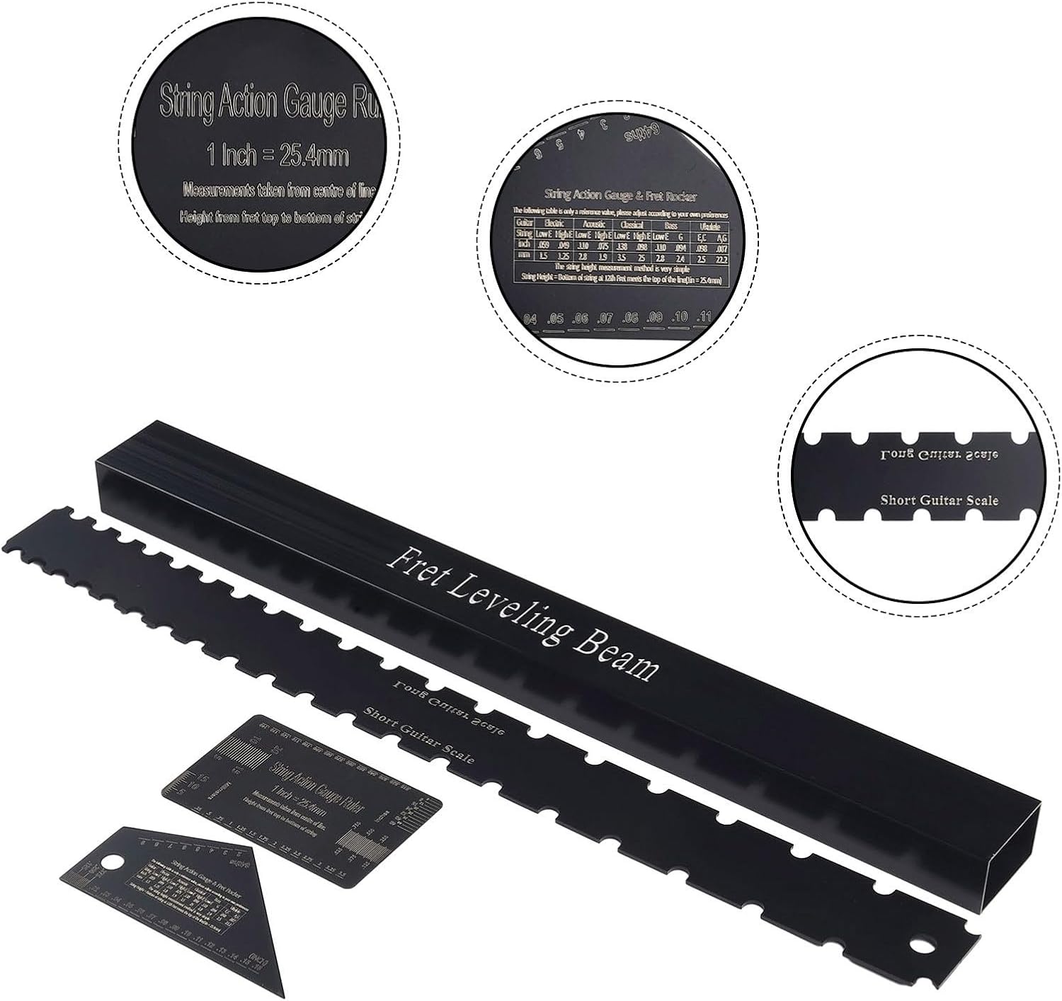 Guitar Luthier Tools Set 4 Pieces Stainless Steel Neck Straight Edge Ruler Fret Leveling Beam Kit With String Height Gauge For Guitar Bass Maintenance Repair