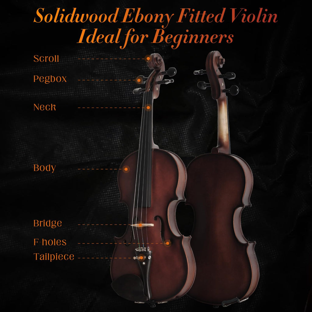 Acoustic Violin 4/4 Full Size, Solid Wood Fiddle for Beginners Adults, Ebony Fitted Satin Antique Finish Violin Starter Kit with Hard Case