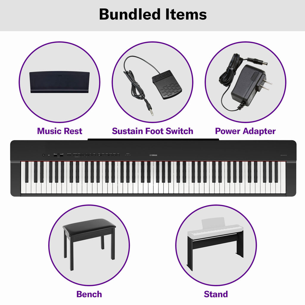 Yamaha P225 88-Key Digital Piano with Weighted Keys, Portable Design, Keyboard, Music Rest, Sustain Foot Switch, and Built-In Speakers, Black (P225B)
