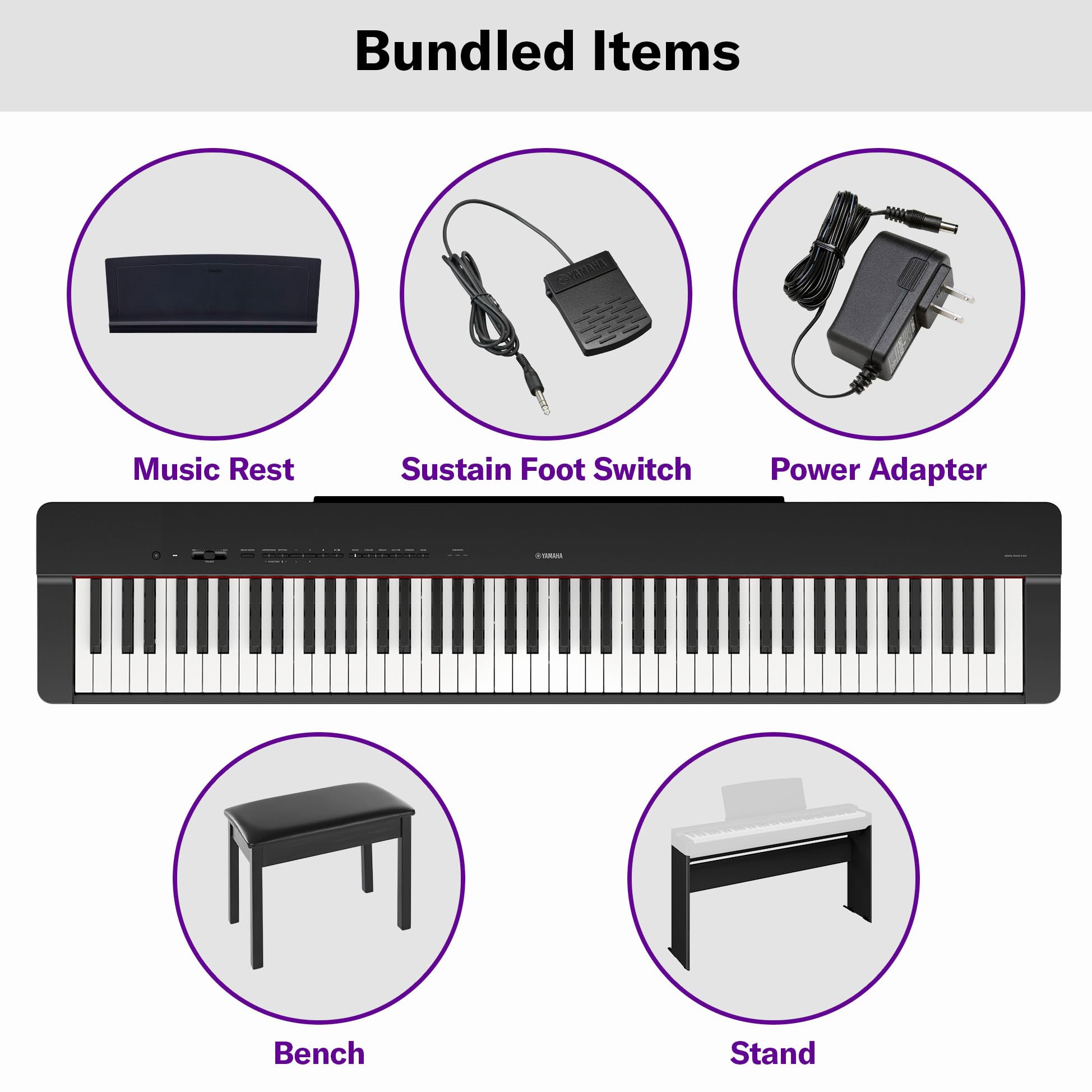 Yamaha P225 88-Key Digital Piano with Weighted Keys, Portable Design, Keyboard, Music Rest, Sustain Foot Switch, and Built-In Speakers, Black (P225B)