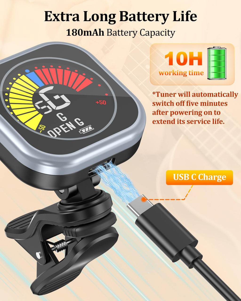 New Bee Guitar Tuner Clip-On Rechargeable with Color Screen 360° Rotatable Acoustic Chromatic Open Tuning for Guitar, Bass, Ukulele, Violin, Cello(Black, 1 Pack)