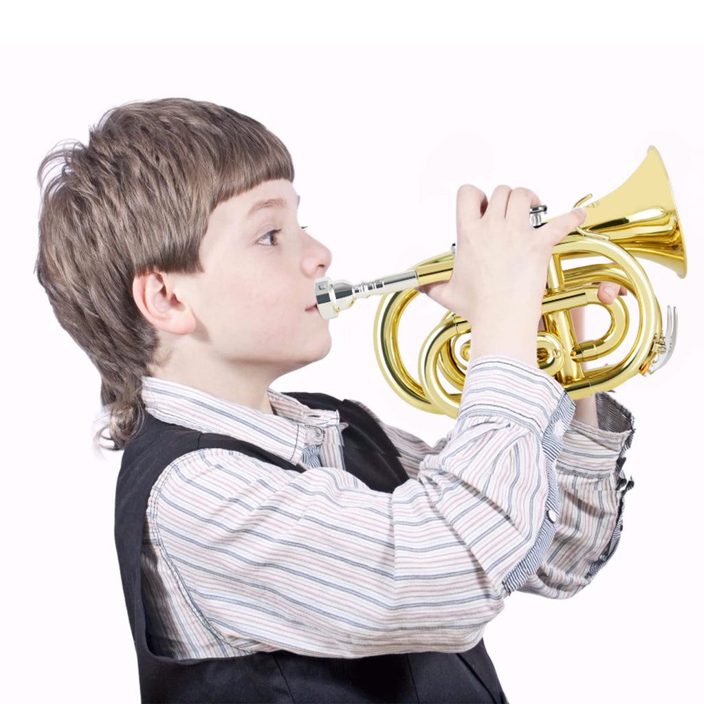 EastRock Pocket Trumpet Brass Bb Nickel Plated Trumpet with 7 C Mouthpiece, Hard Case, Strap, White Gloves, Cleaning Kit for Students and Beginners
