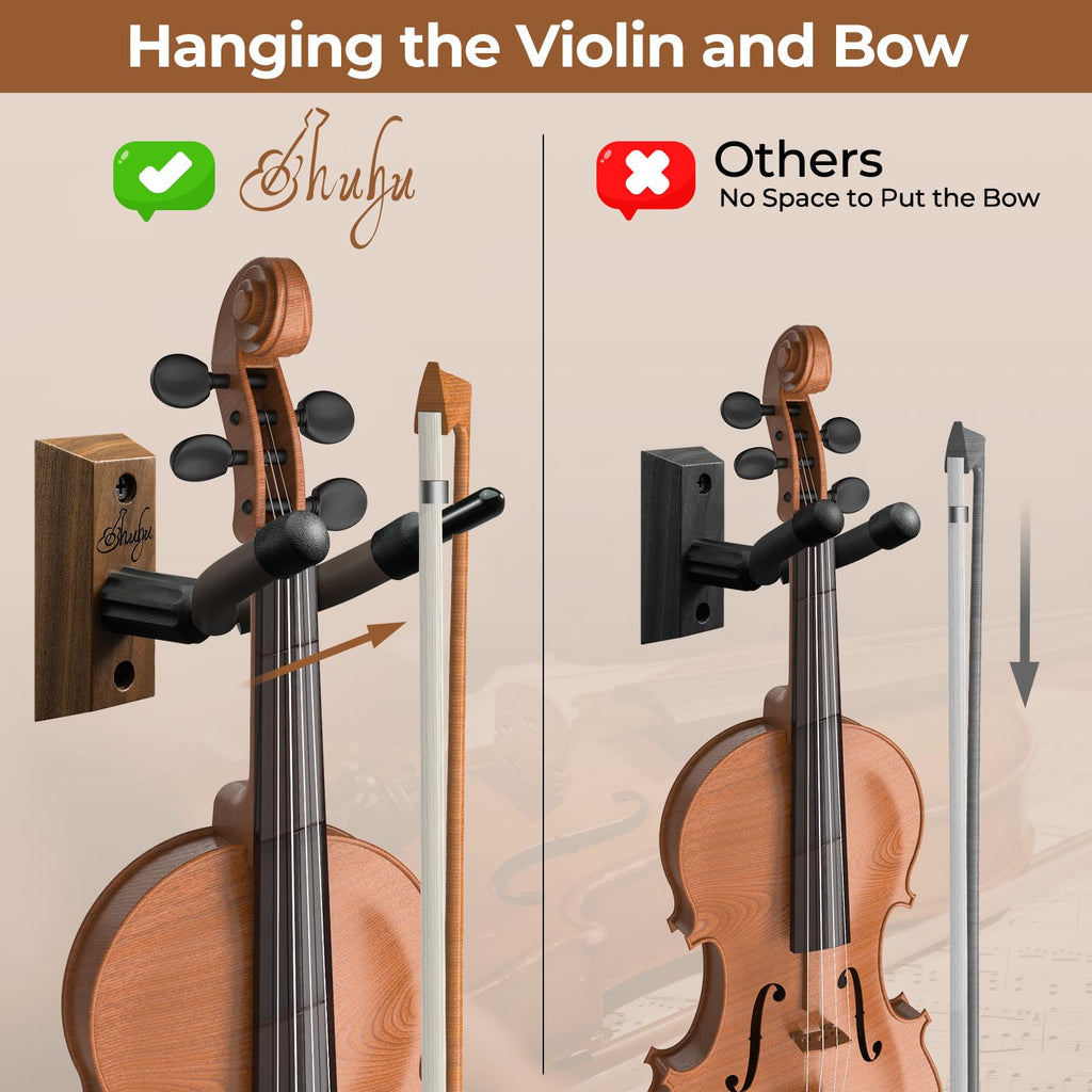 Ohuhu Violin Wall Mount Hanger, Hardwood Violin Viola Hanger with Bow Holder and Soft Padding for Home Studio Decor