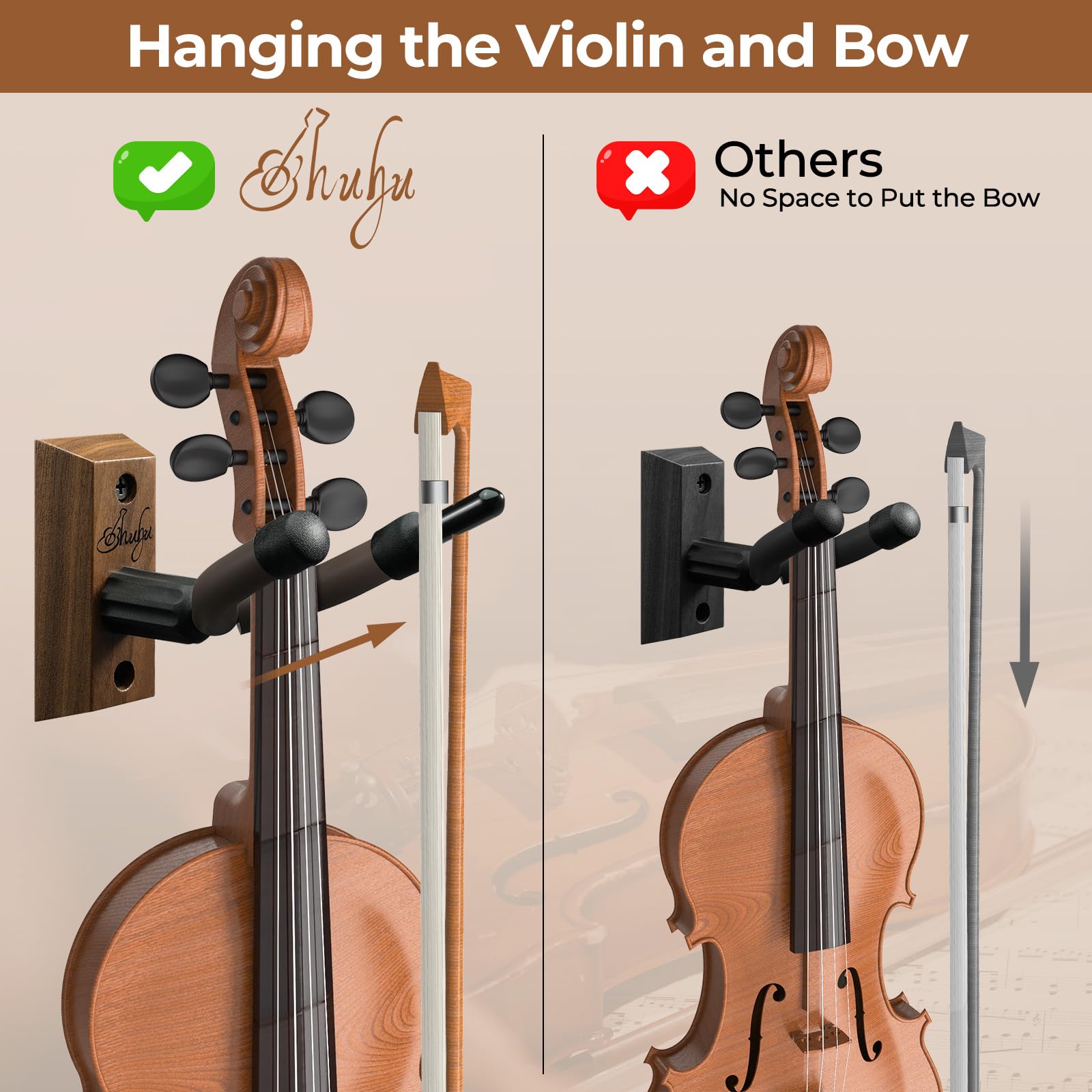 Ohuhu Violin Wall Mount Hanger, Hardwood Violin Viola Hanger with Bow Holder and Soft Padding for Home Studio Decor
