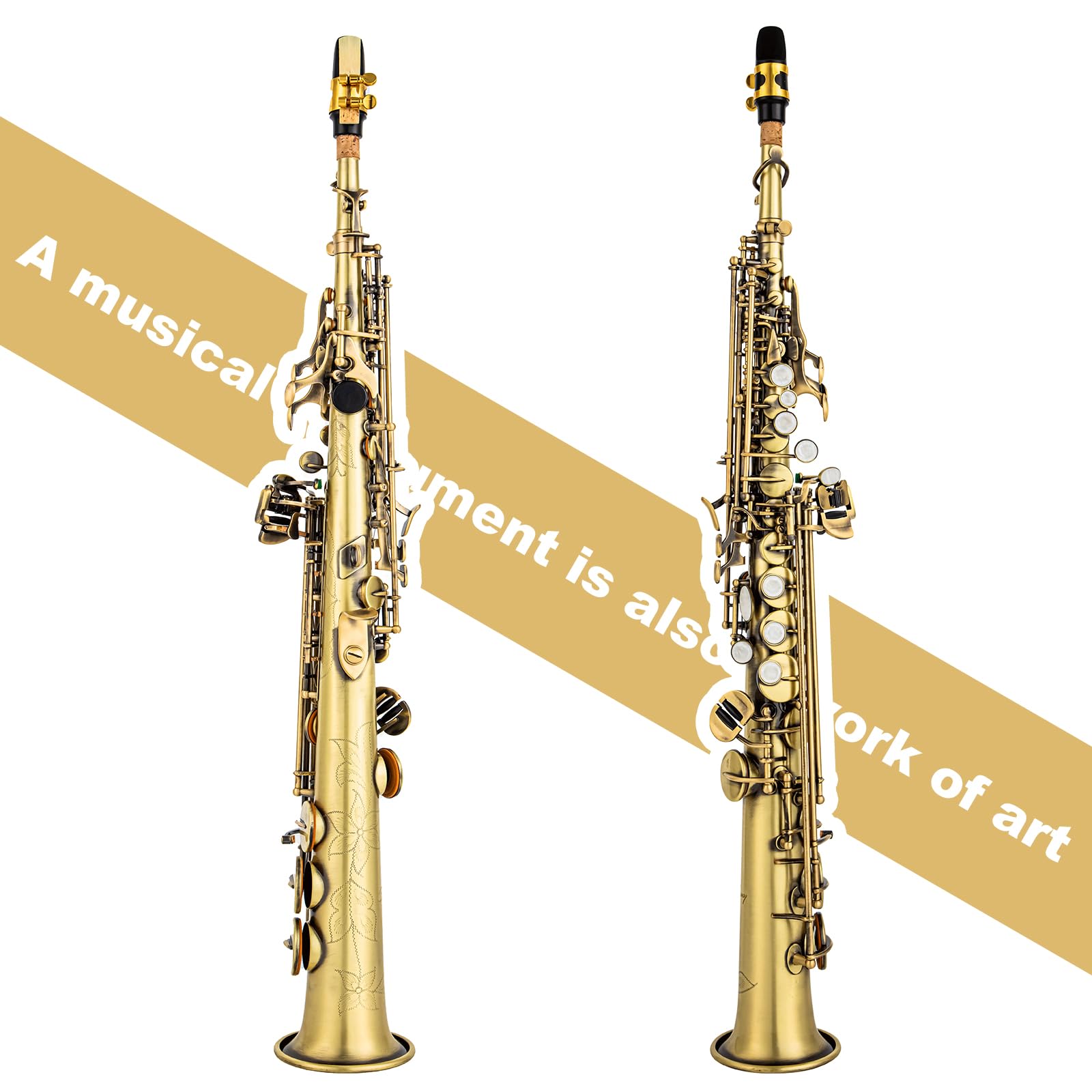 Bb Soprano Saxophone Straight Gold Laquer Sax Instruments for Beginners Students Intermediate Players with Carrying Case,White Gloves.Cleaning kit.neck Strap.Mouthpiece (Gold body nickel bond)
