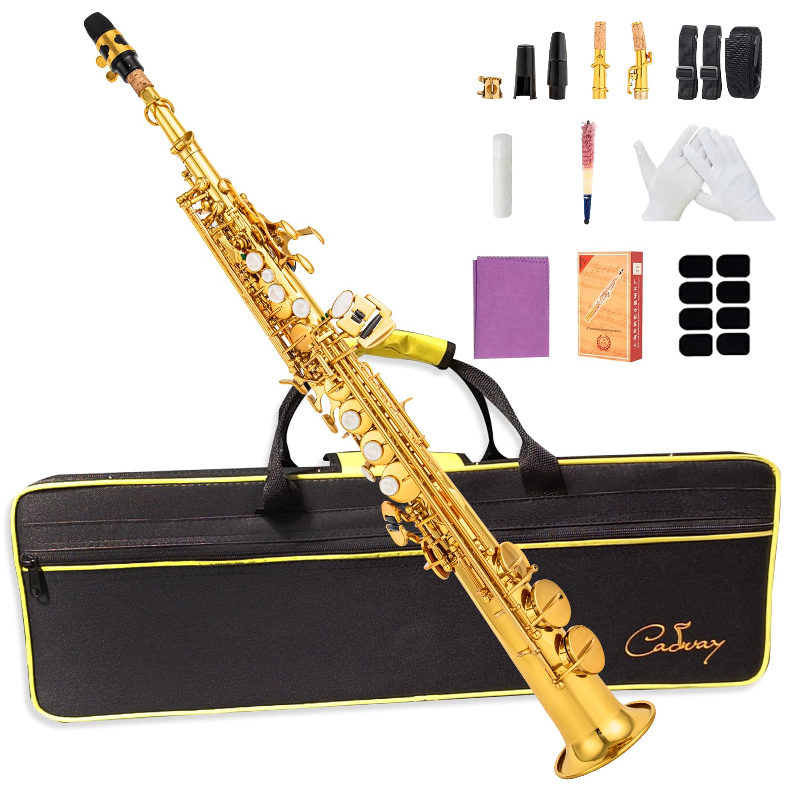 Bb Soprano Saxophone Straight Gold Laquer Sax Instruments for Beginners Students Intermediate Players with Carrying Case,White Gloves.Cleaning kit.neck Strap.Mouthpiece (Gold body nickel bond)