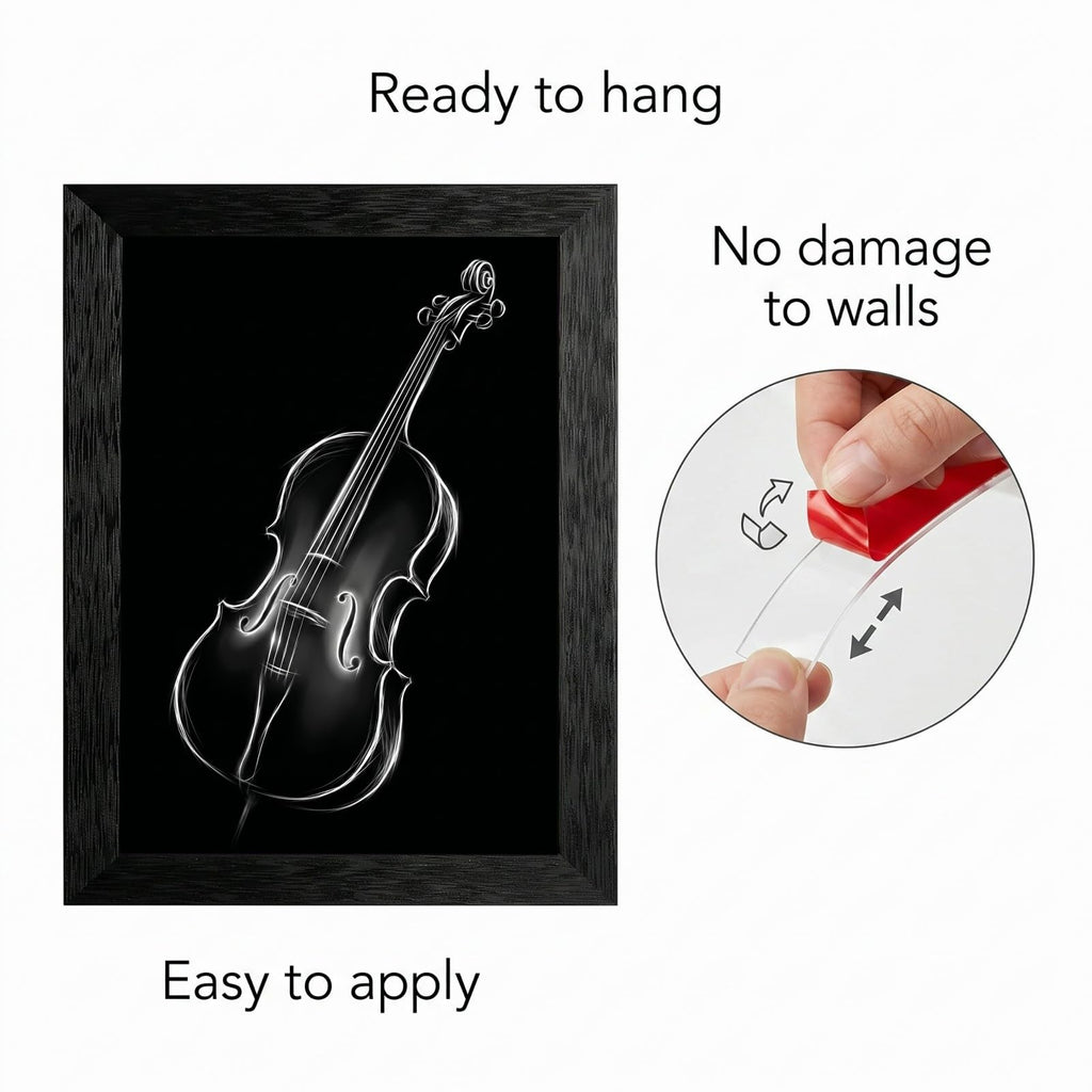 Framed Canvas Wall Art Minimalist Abstract Cello Musical Instrument Electric White Glowing Lines on Black Canvas Print Poster Black Frame Wall Decor for Music Room Studio Modern Art, Inch 24x36
