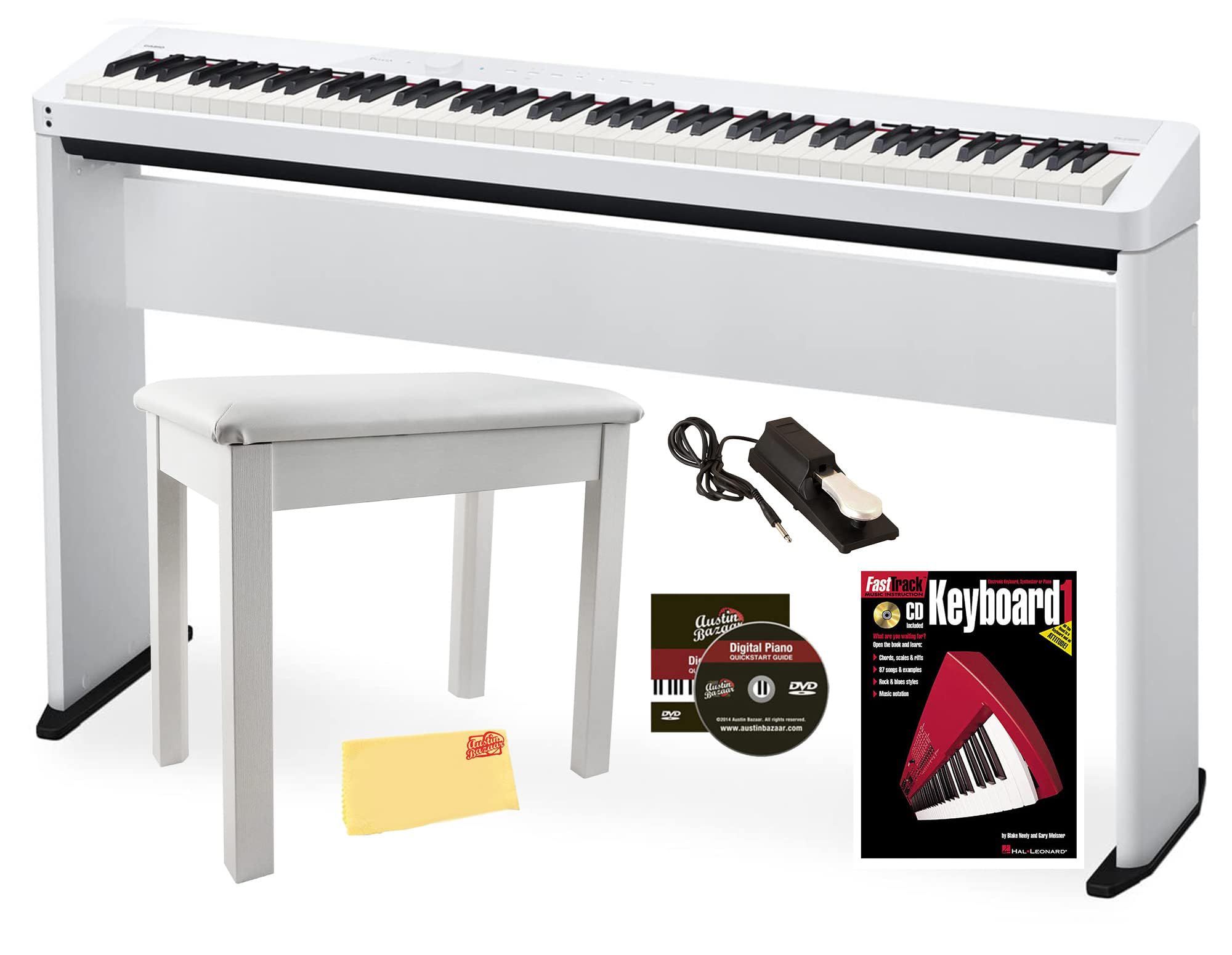 Casio PX-S1100 Privia Digital Piano - Black Bundle with CS-68 Furniture Stand, SP-34 Three Pedal System, Furniture Bench, Instructional Book, Instructional Video, and Austin Bazaar Polishing Cloth