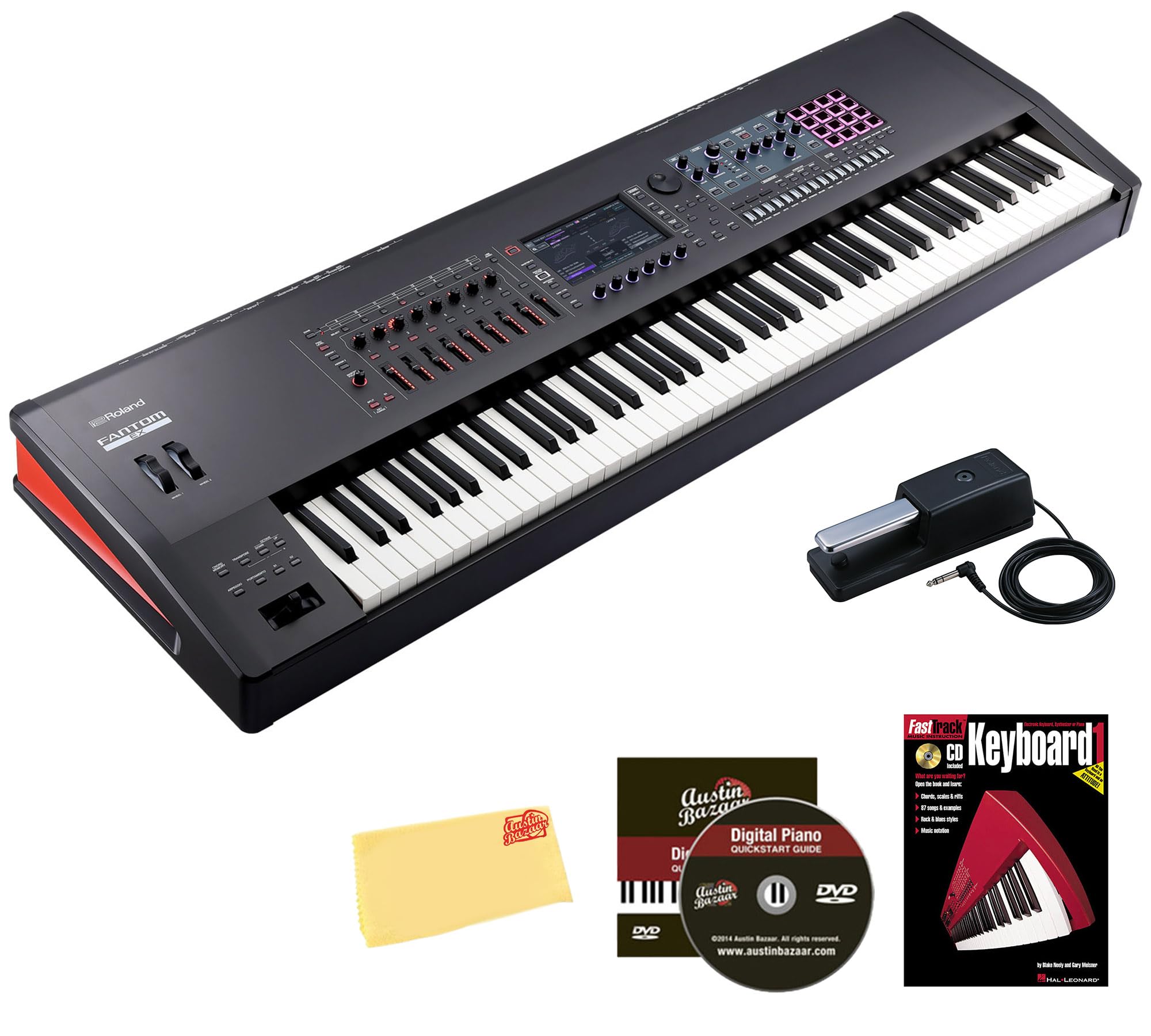 Roland Fantom 8 EX 88-Key Workstation Keyboard Synthesizer Bundle with Adjustable Stand, Sustain Pedal, Online Piano Lessons, Instructional DVD, and Austin Bazaar Polishing Cloth
