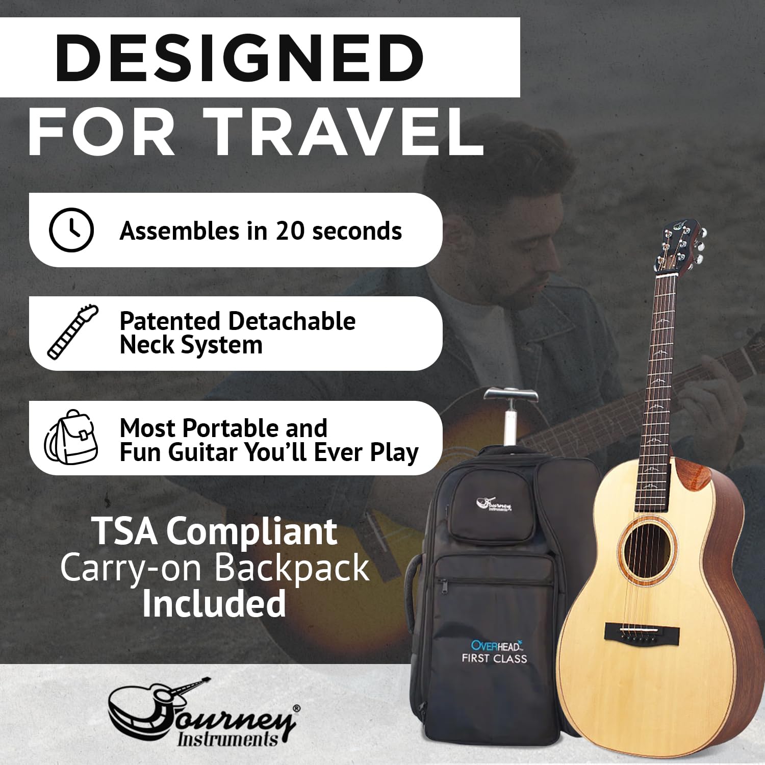 Journey Instruments Solid Sitka Acoustic Collapsible Travel Guitar PJ410N | Traveling Acoustic Guitar with Collapsible Patented System, Portable Backpack Case (African Mahogany)