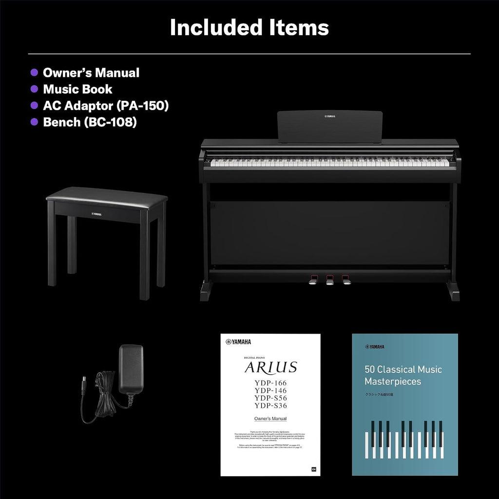 Yamaha Arius Series 88-Key Weighted Digital Piano Keyboard for Beginners, Full Size, Grand Piano Sound, 3-Pedal Unit, Bench Included, Classic Upright Design in Black, YDP146B