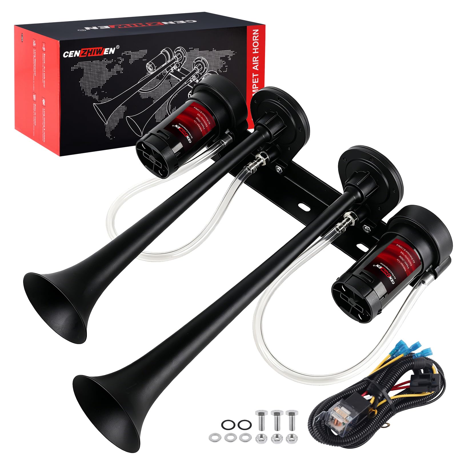 Dual 2-Trumpet Metal Air Horn for truck Kit with 2 air Compressors,12V 150dB Ultra Loud impact train car horn moto horn is suitable for pickup/SUV/Boat (Two-tube integrated)