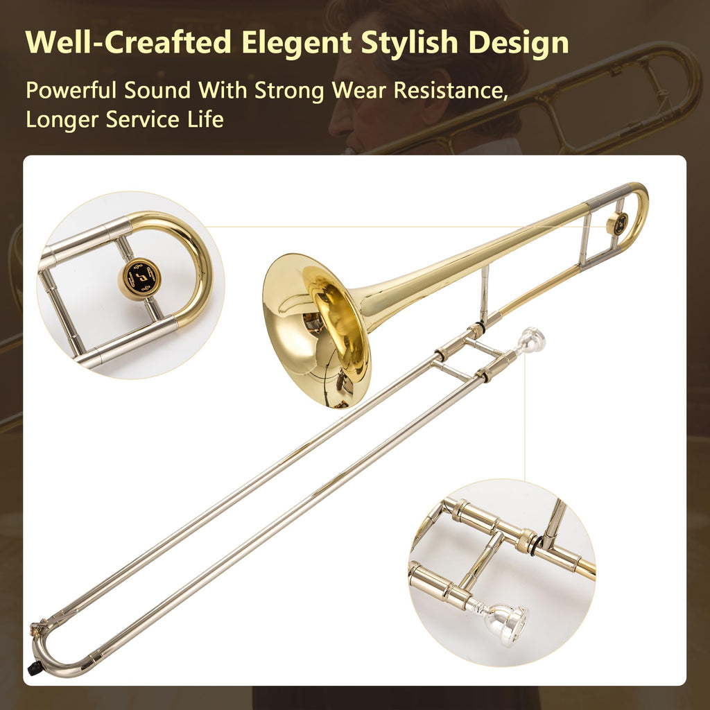 Eavnbaek Bb Tenor Slide Trombone for Students Beginners, B Flat Brass Plated Trombone Instrument with Hard Case Mouthpiece White Gloves and Cleaning Kit (Gold)