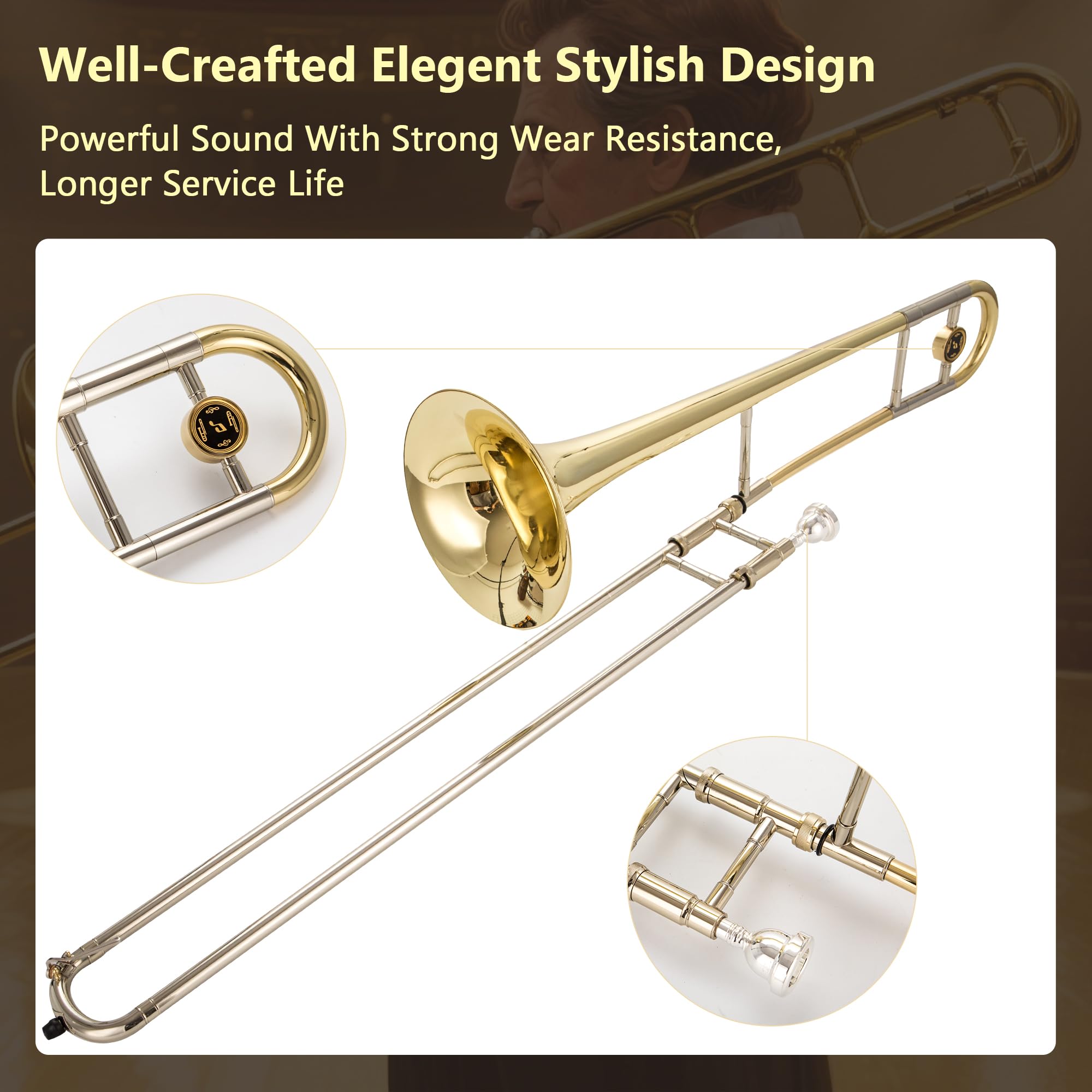Eavnbaek Bb Tenor Slide Trombone for Students Beginners, B Flat Brass Plated Trombone Instrument with Hard Case Mouthpiece White Gloves and Cleaning Kit (Gold)