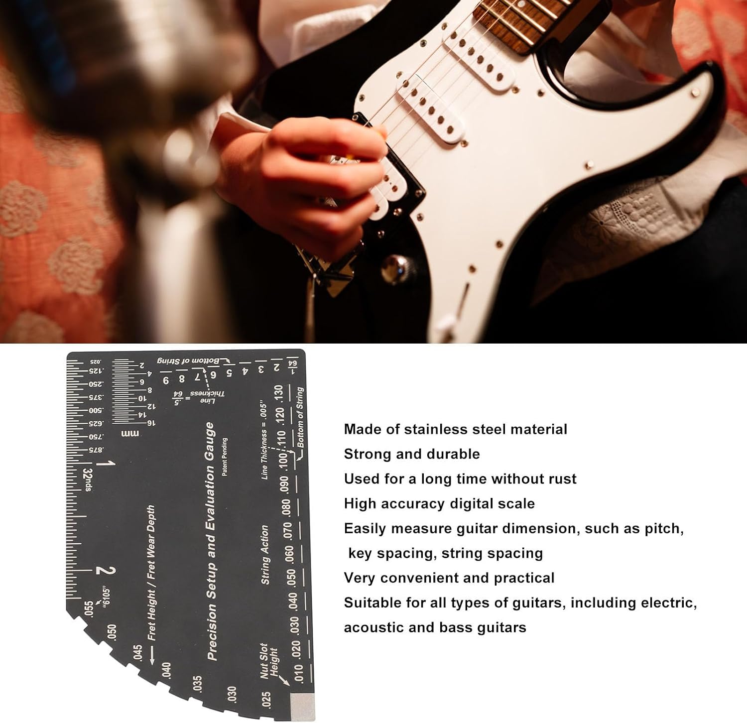 String Action Gauge, Precision Stainless Steel Fret Ruler Multi-Purpose Luthier Tool for Electric Acoustic Bass Guitar Setup Maintenance and Repair by Musicians Technicians