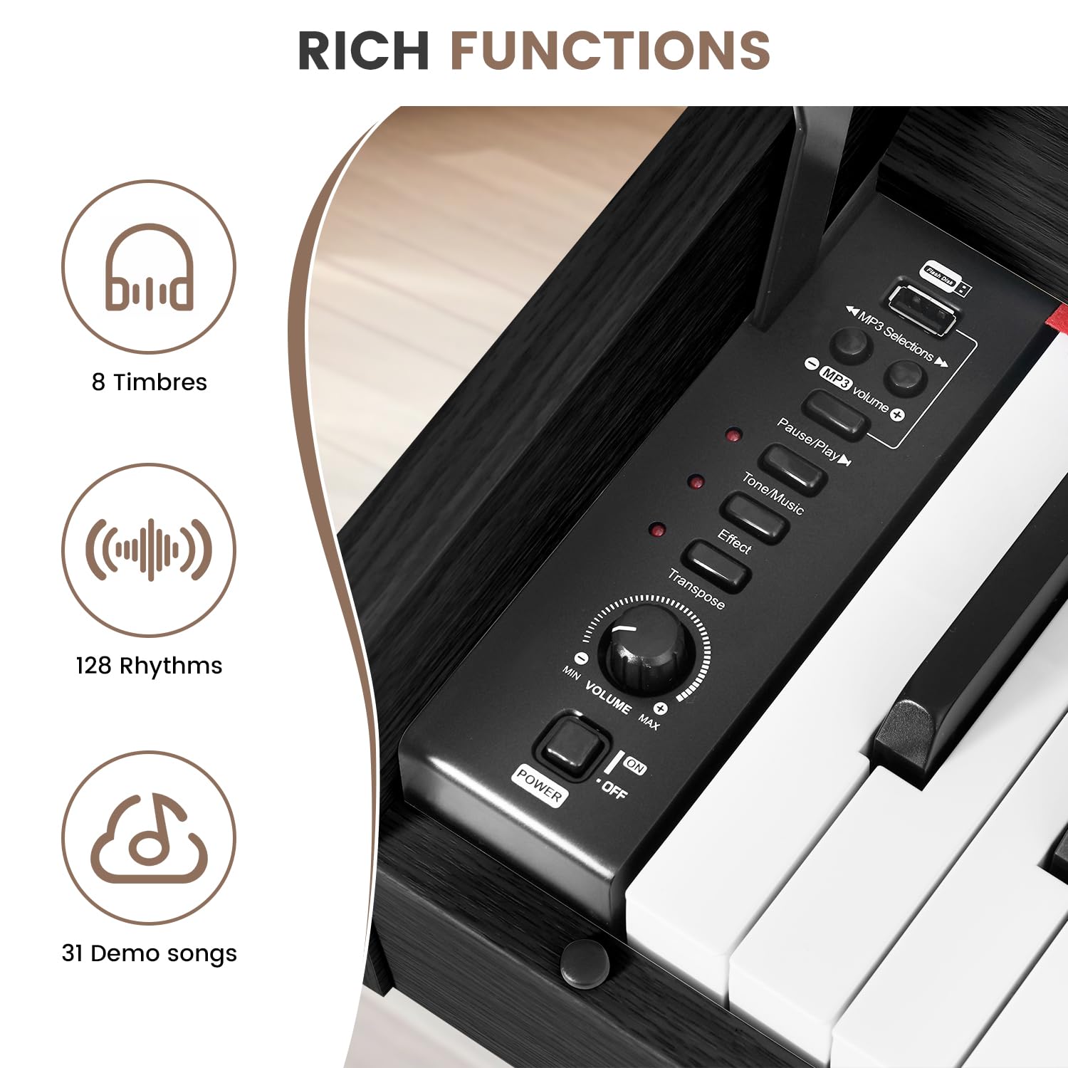 88 Key Digital Piano Keyboard for Beginners, Fully Weighted Wooden Electric Piano with Triple Pedal, Headphone, Supports MIDI Connecting, French Dream Sound Source (Brown)