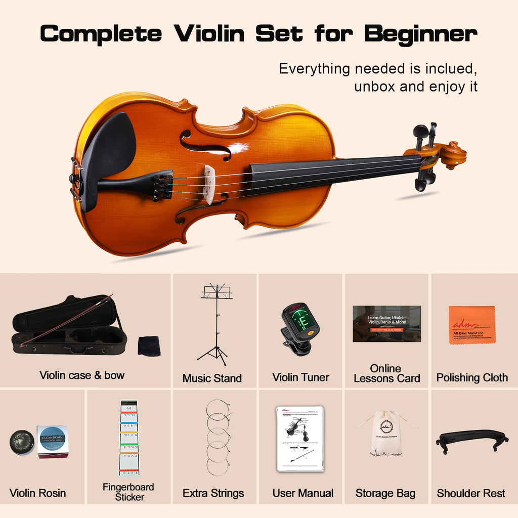 ADM Acoustic Violin for Beginner 4/4 Full Size Violin Set Solid Wood Ebony for Adult Teen Student Starter Kit with Hard Case, Shoulder Rest, Bow, Music Stand, Strings, Free Lessons (Sepia, 4/4 Size)