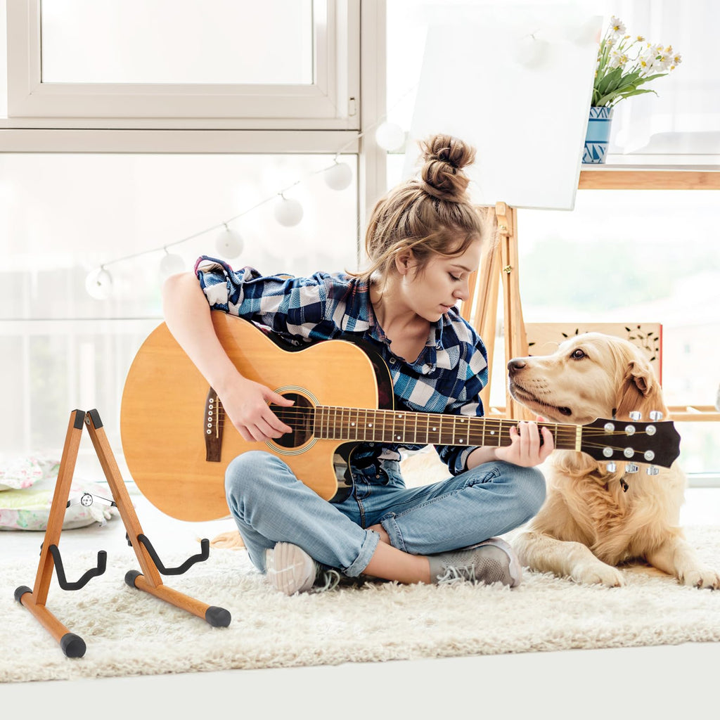 SNIGJAT Wood Guitar Stand, Acoustic Guitar Stand with Padded Foam, Classical Electric Guitar Stand, A-Frame Folding Bass Guitar Display Stand Compatible with Cello, Mandolin, Bass, Banjo, Ukulele