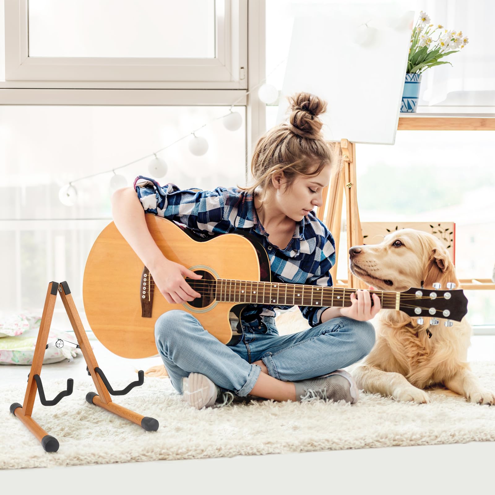 SNIGJAT Wood Guitar Stand, Acoustic Guitar Stand with Padded Foam, Classical Electric Guitar Stand, A-Frame Folding Bass Guitar Display Stand Compatible with Cello, Mandolin, Bass, Banjo, Ukulele
