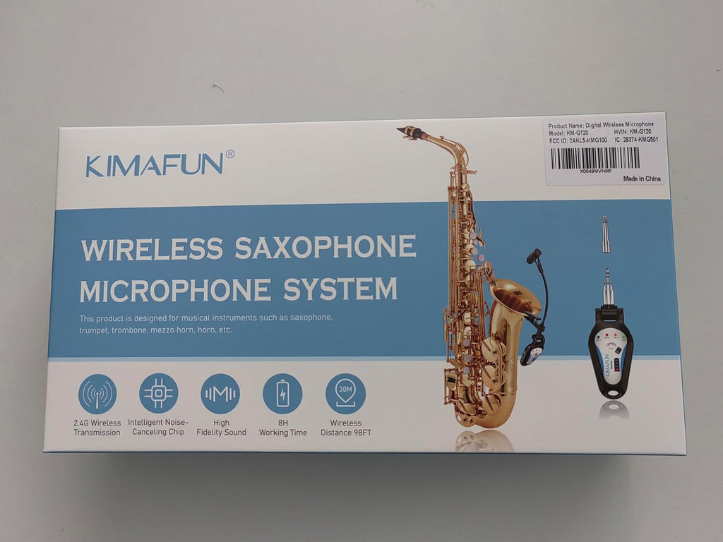 KIMAFUN 2.4G Wireless Saxophone Microphone, Clip-on Instrument Microphone, 100ft Range, Plug and Play, Wireless Transmitter & Receiver for Saxophone, French Horn, Trumpet, Trombone, G120
